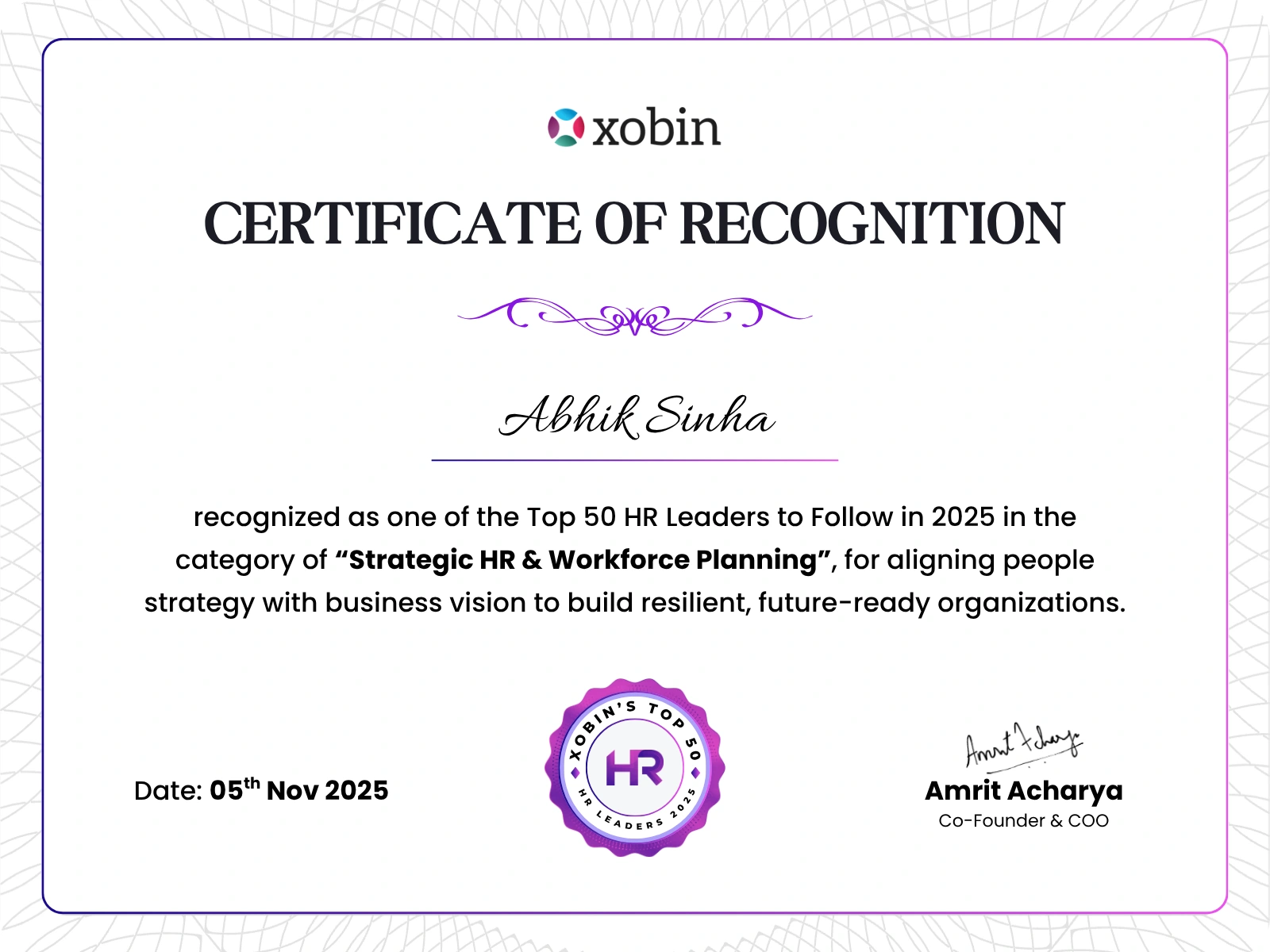Certificate of recognition awarded to Abhik Sinha, Xobin HR Awards 2025