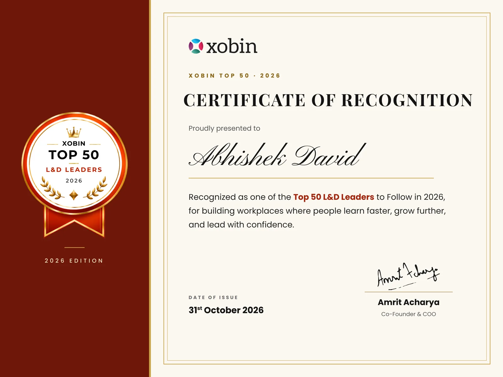 Certificate of recognition awarded to Abhishek David