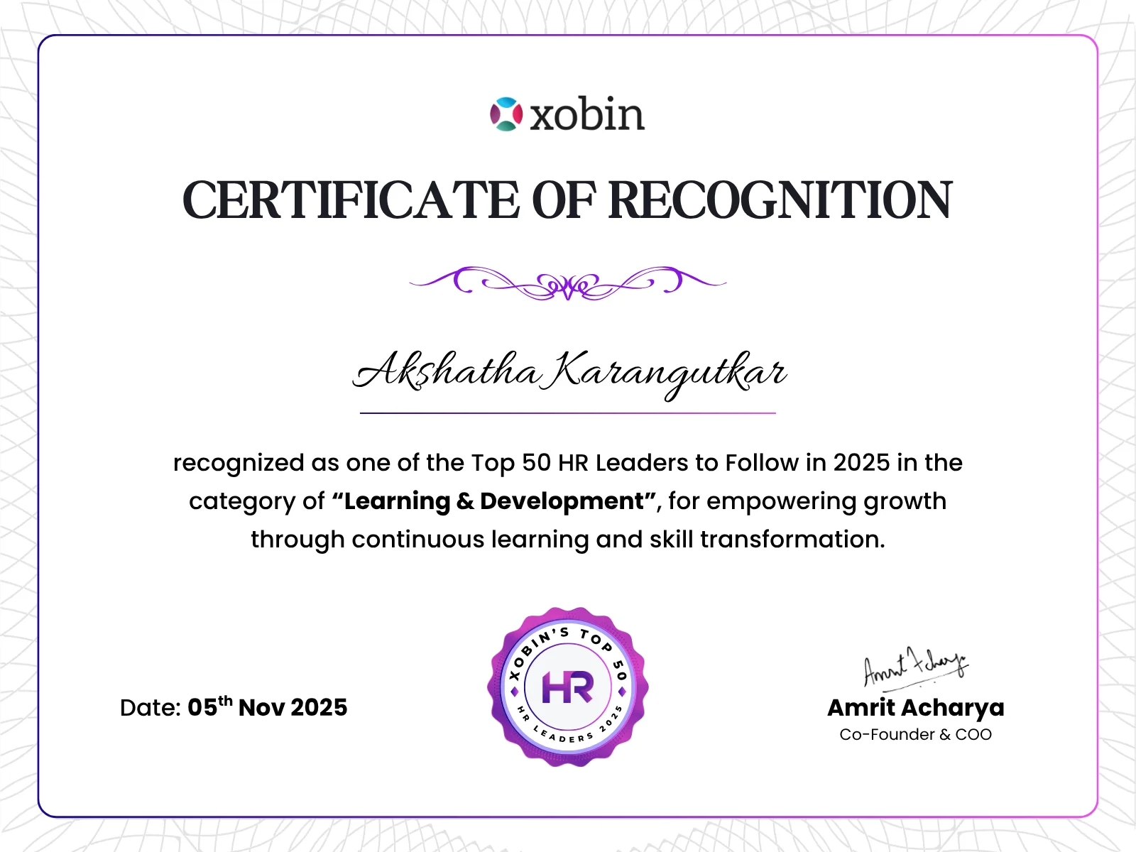 Certificate of recognition awarded to Akshatha Karangutkar, Xobin HR Awards 2025
