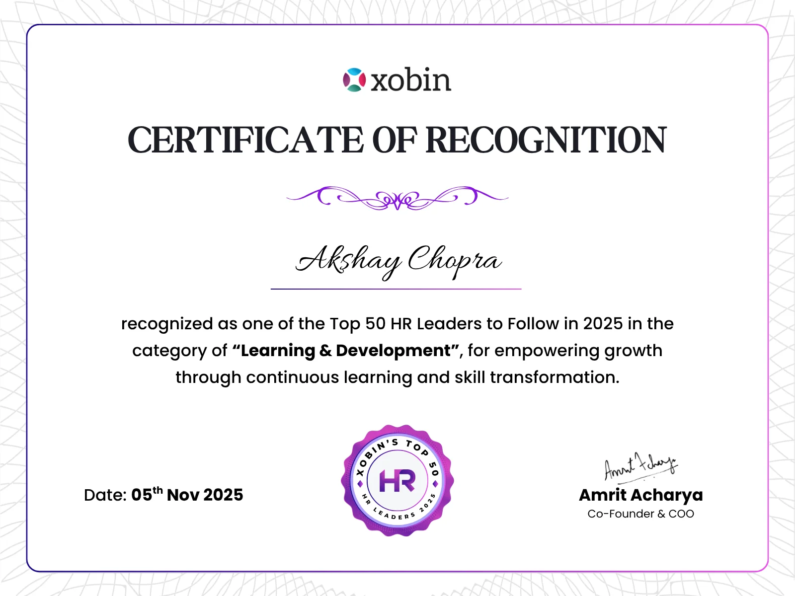 Certificate of recognition awarded to Akshay Chopra, Xobin HR Awards 2025
