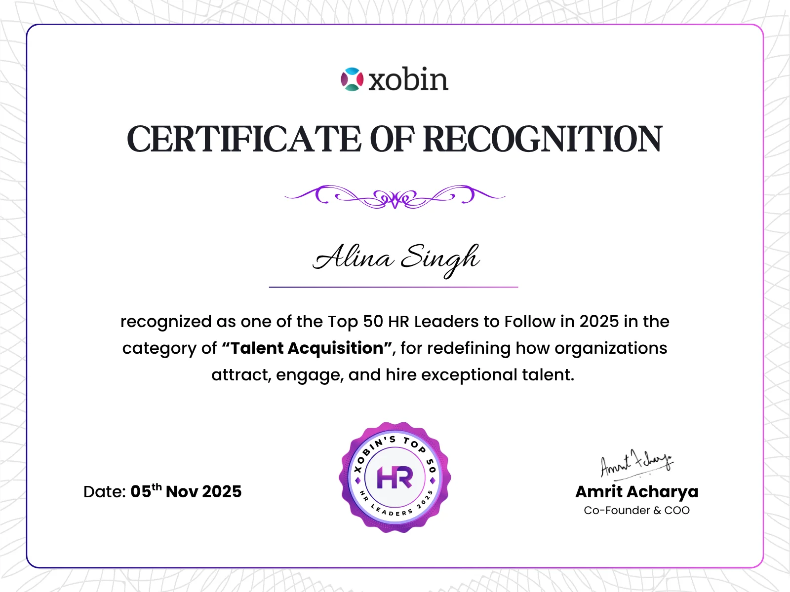 Certificate of recognition awarded to Alina Singh, Xobin HR Awards 2025