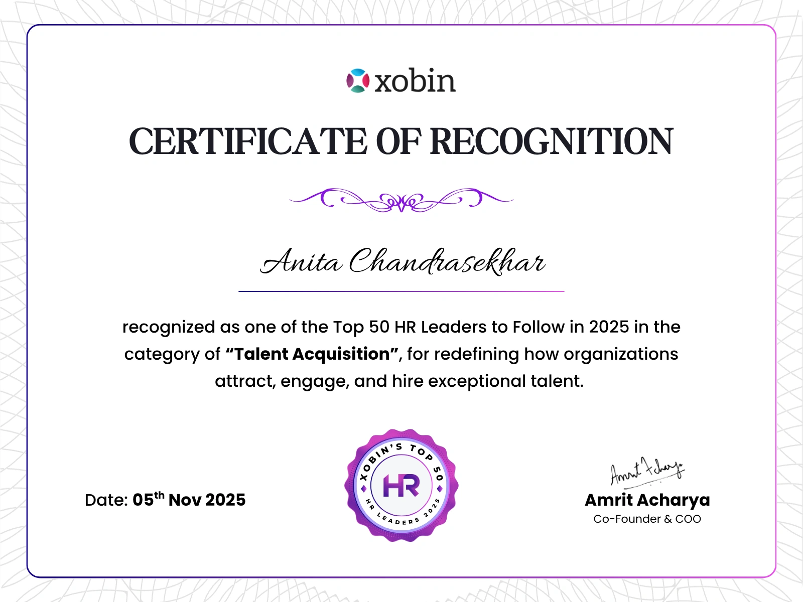 Certificate of recognition awarded to Anita Chandrasekhar, Xobin HR Awards 2025
