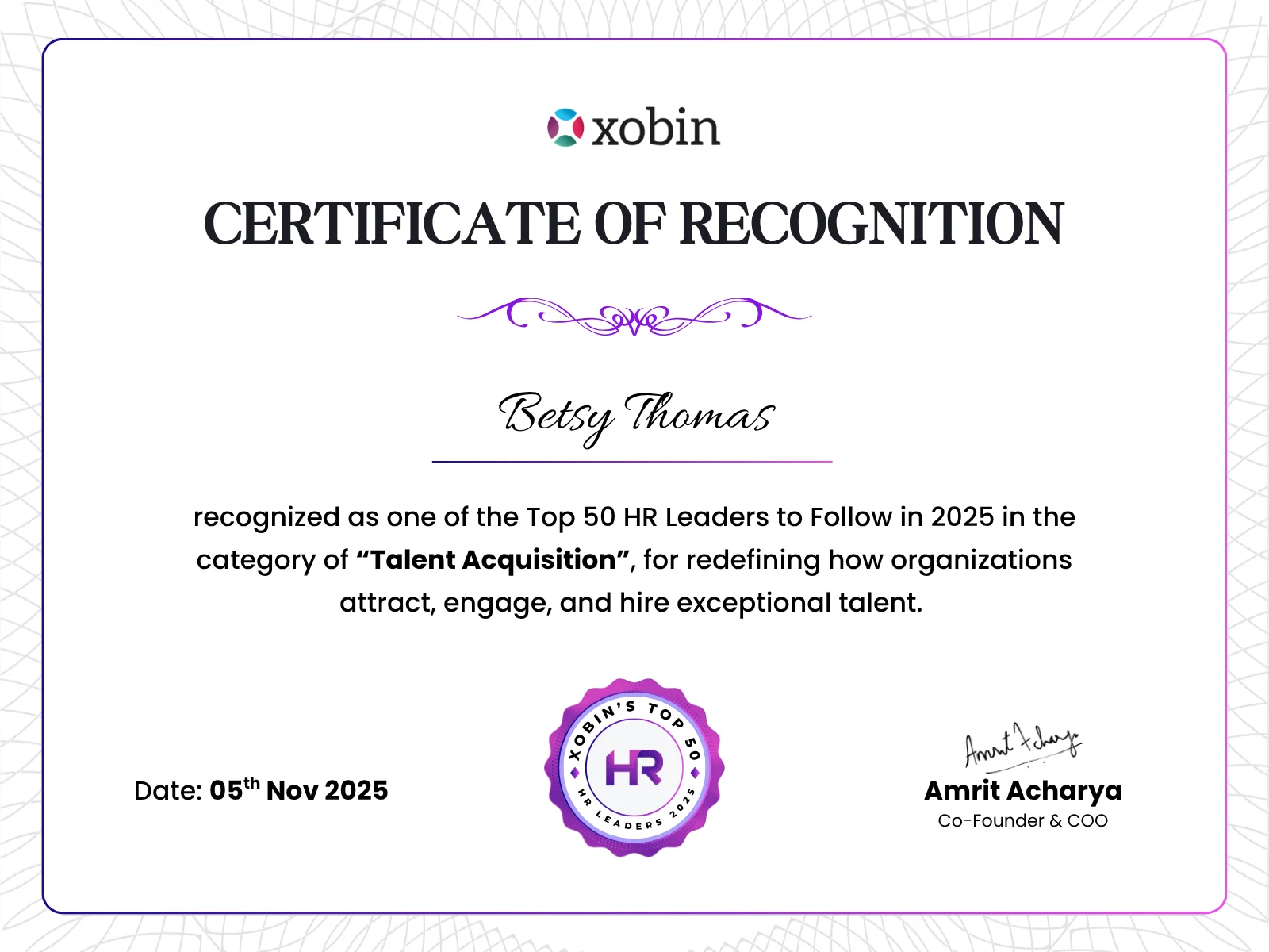 Certificate of recognition awarded to Betsy Thomas, Xobin HR Awards 2025