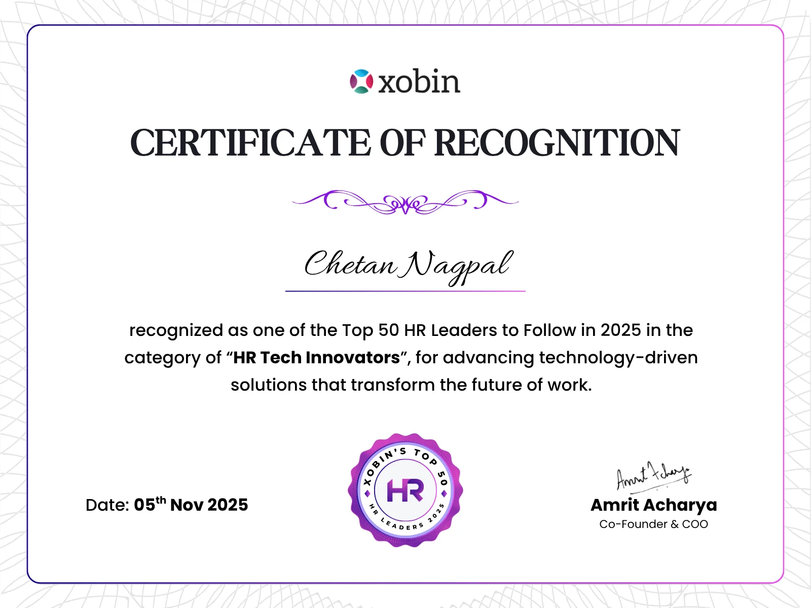 Certificate of recognition awarded to Chetan Nagpal, Xobin HR Awards 2025