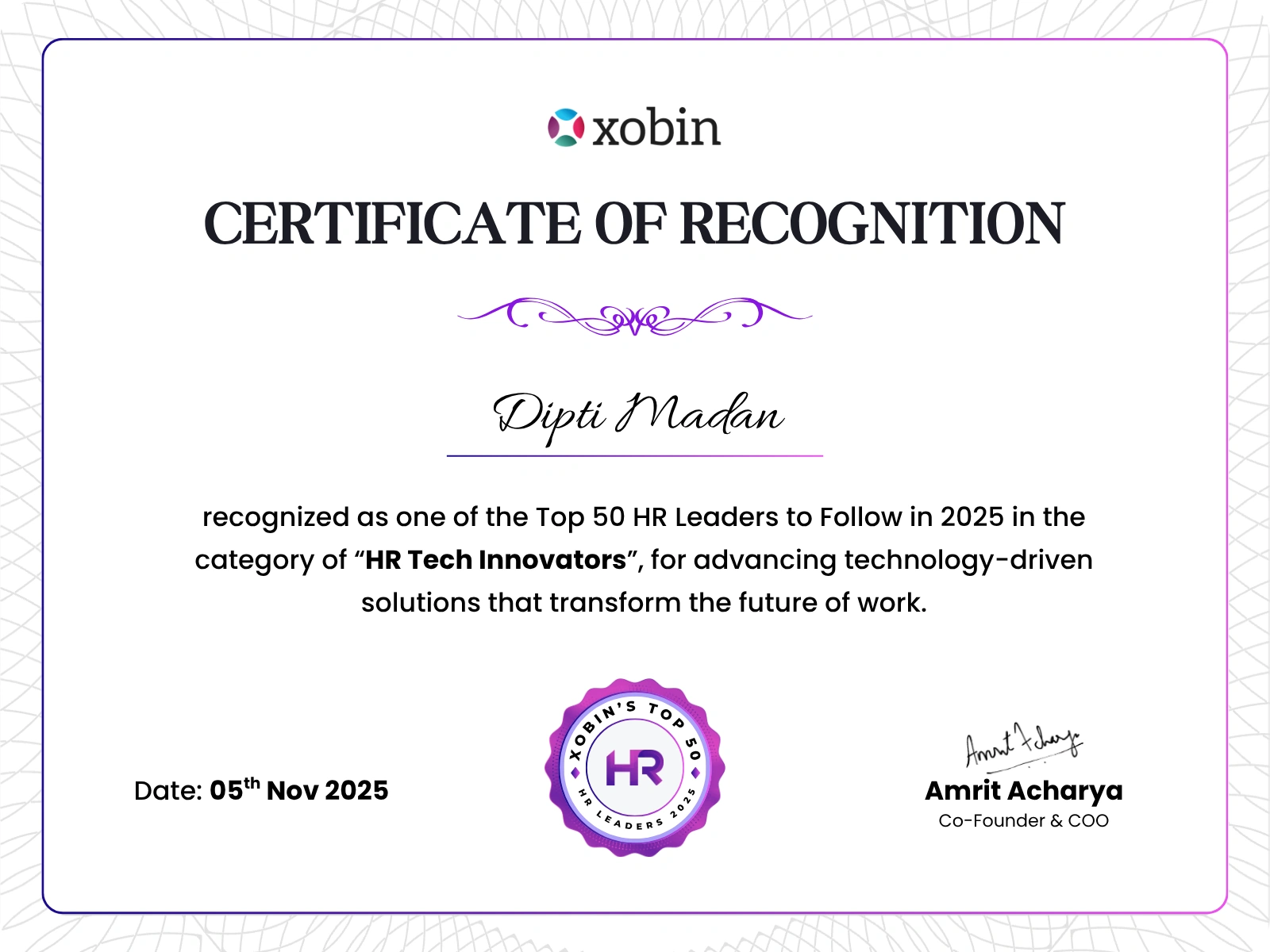 Certificate of recognition awarded to Dipti Madan, Xobin HR Awards 2025