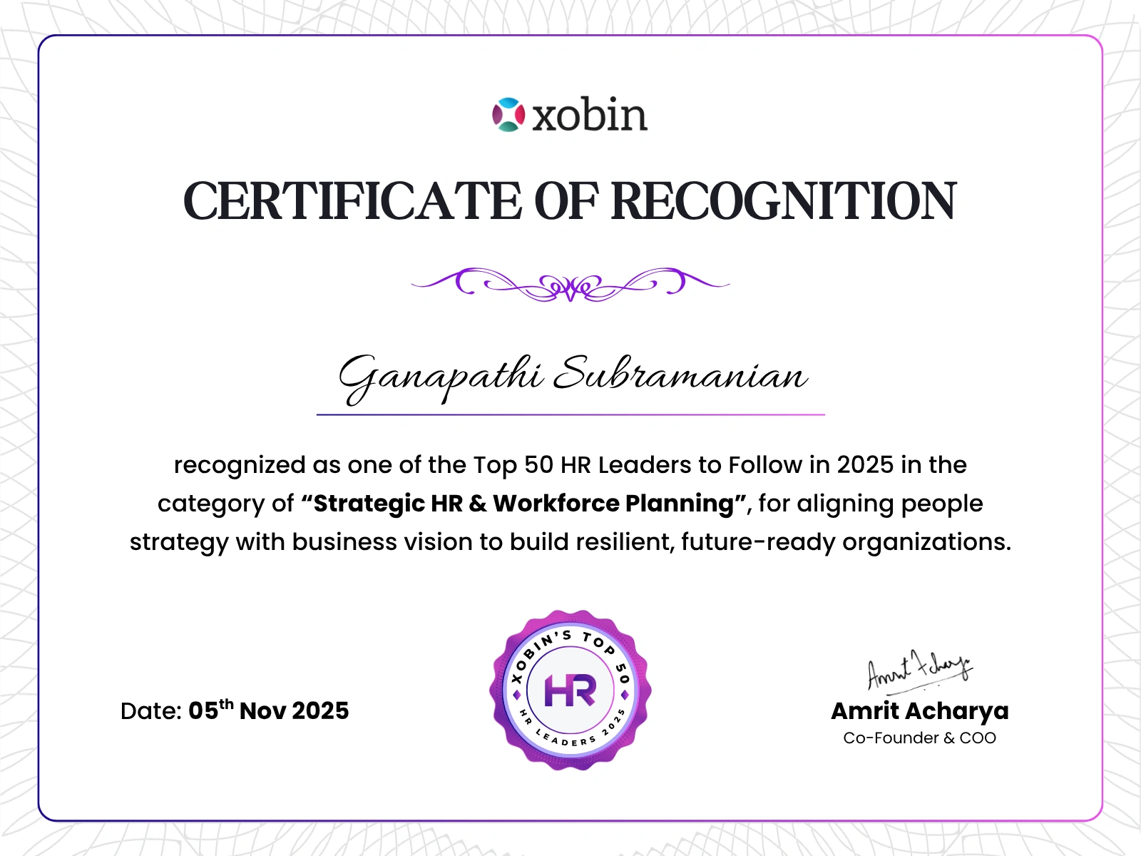 Certificate of recognition awarded to Ganapathi Subramanian, Xobin HR Awards 2025