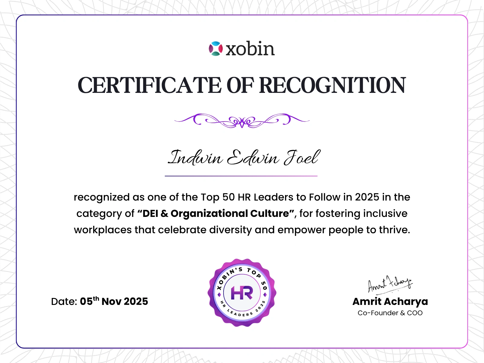 Certificate of recognition awarded to Indwin Edwin Joel, Xobin HR Awards 2025