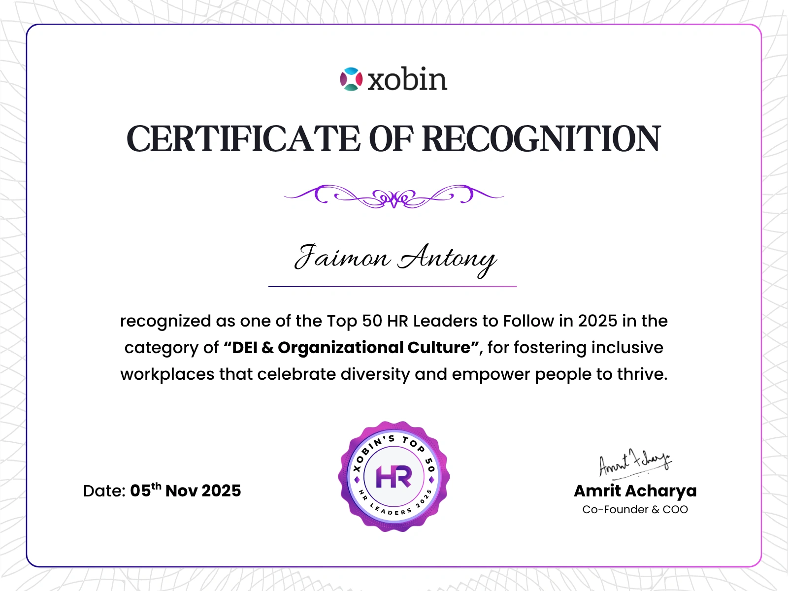 Certificate of recognition awarded to Jaimon Antony, Xobin HR Awards 2025