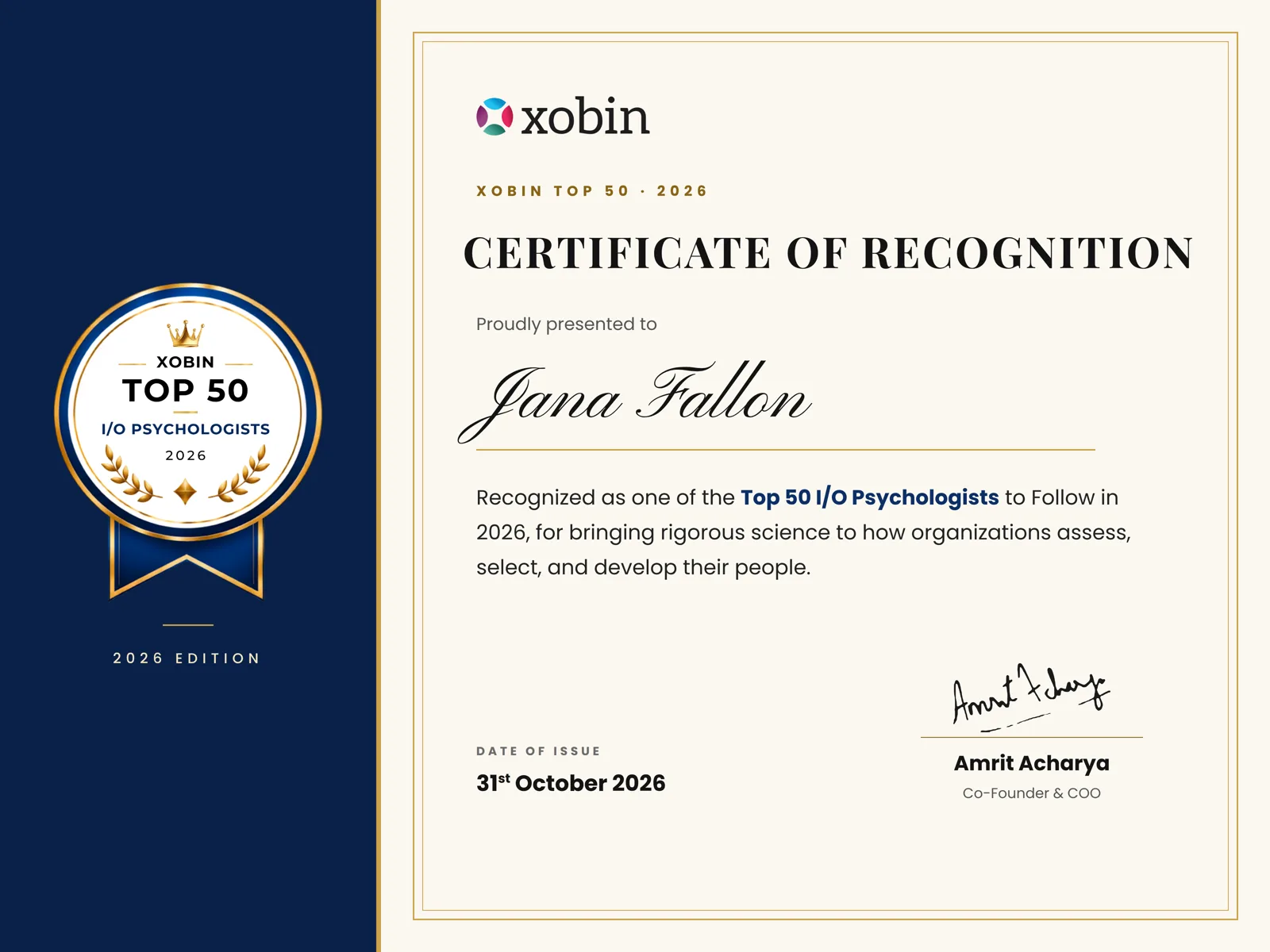 Certificate of recognition awarded to Jana Fallon, Ph.D.