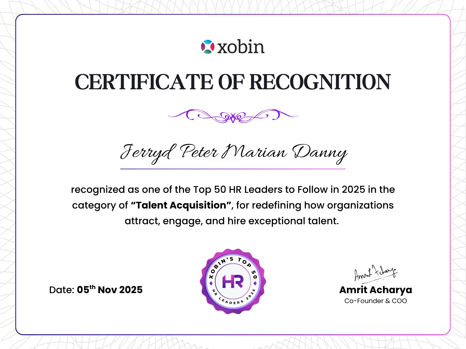 Certificate of recognition awarded to Jerryd Peter Marian Danny, Xobin HR Awards 2025