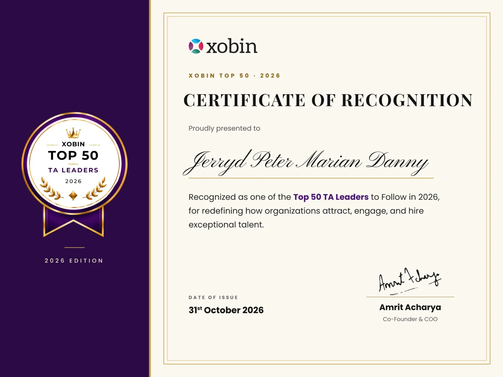 Certificate of recognition awarded to Jerryd Peter Marian Danny