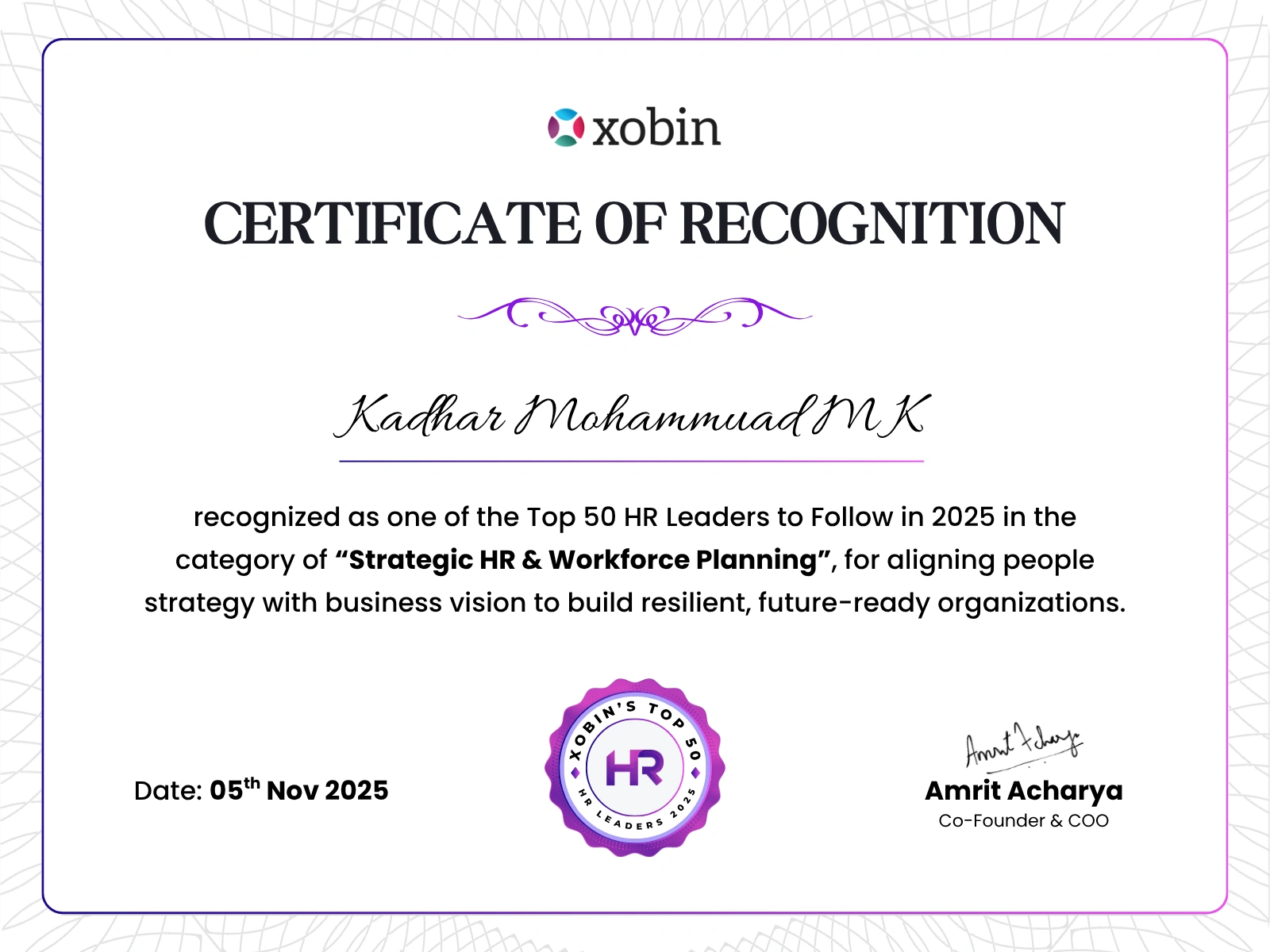 Certificate of recognition awarded to Kadhar Mohammuad M K, Xobin HR Awards 2025