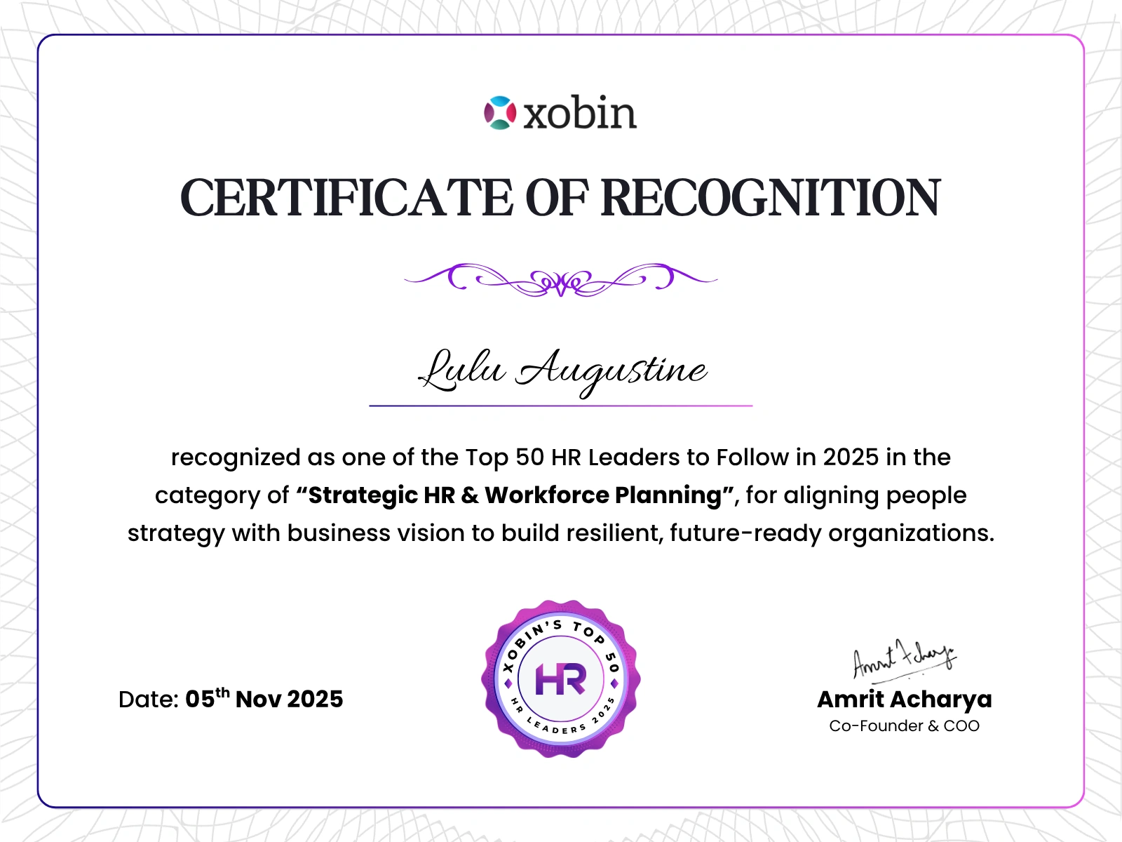Certificate of recognition awarded to Lulu Augustine, Xobin HR Awards 2025