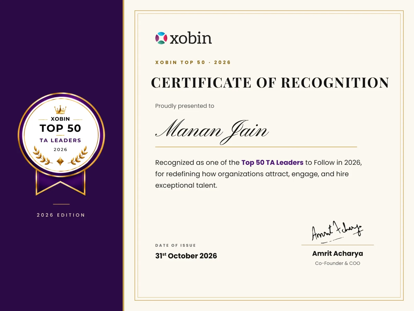 Certificate of recognition awarded to Manan Jain