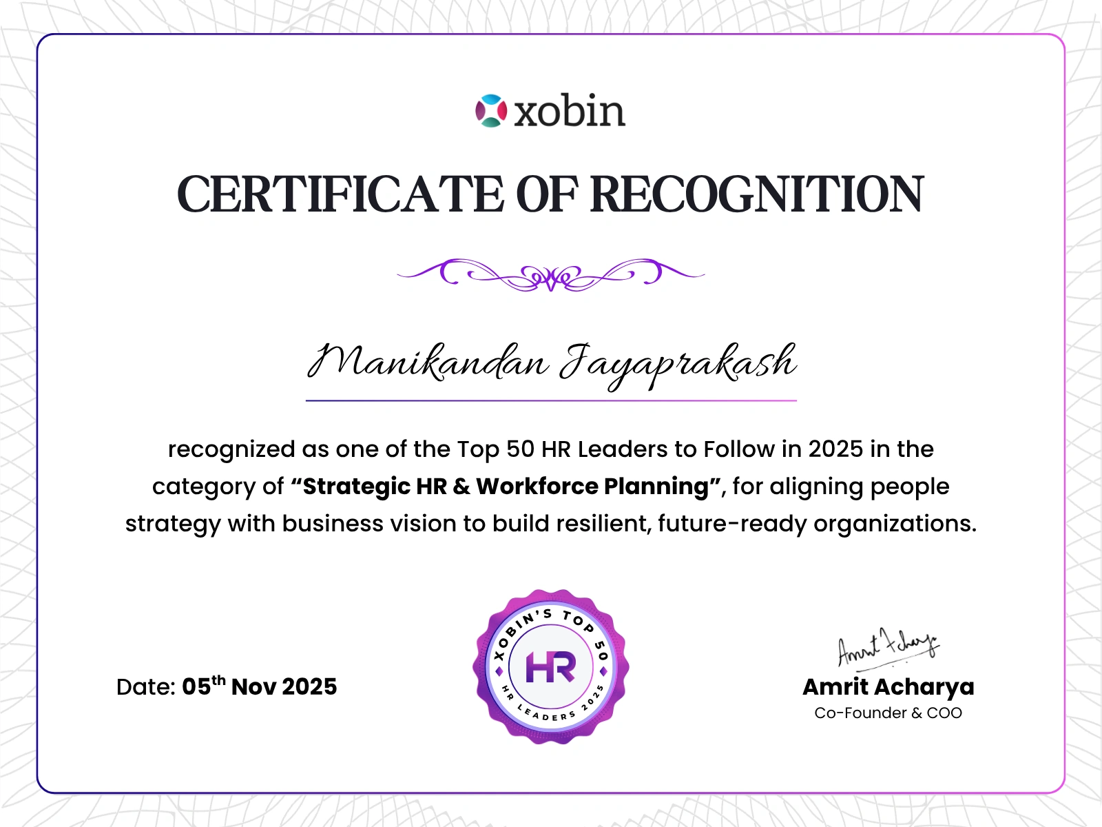 Certificate of recognition awarded to Manikandan Jayaprakash, Xobin HR Awards 2025