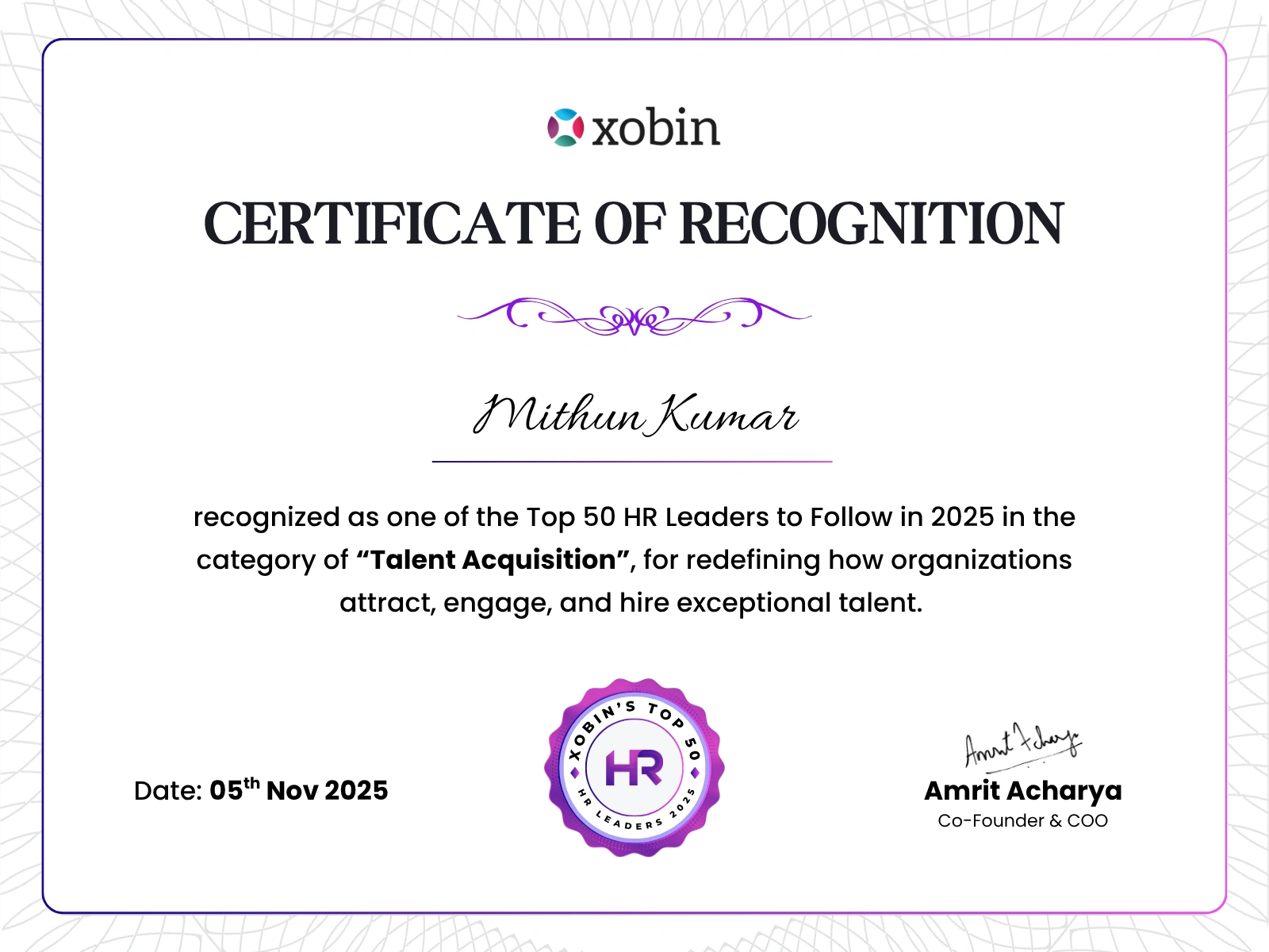 Certificate of recognition awarded to Mithun Kumar, Xobin HR Awards 2025