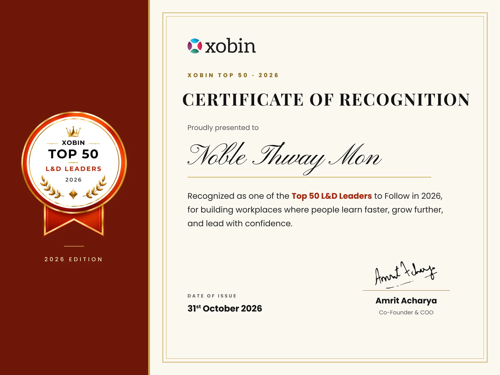 Certificate of recognition awarded to Noble Thway Mon