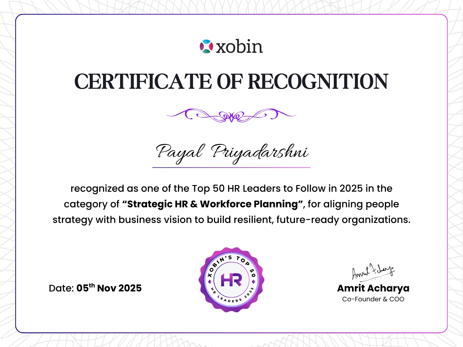 Certificate of recognition awarded to Payal Priyadarshni, Xobin HR Awards 2025