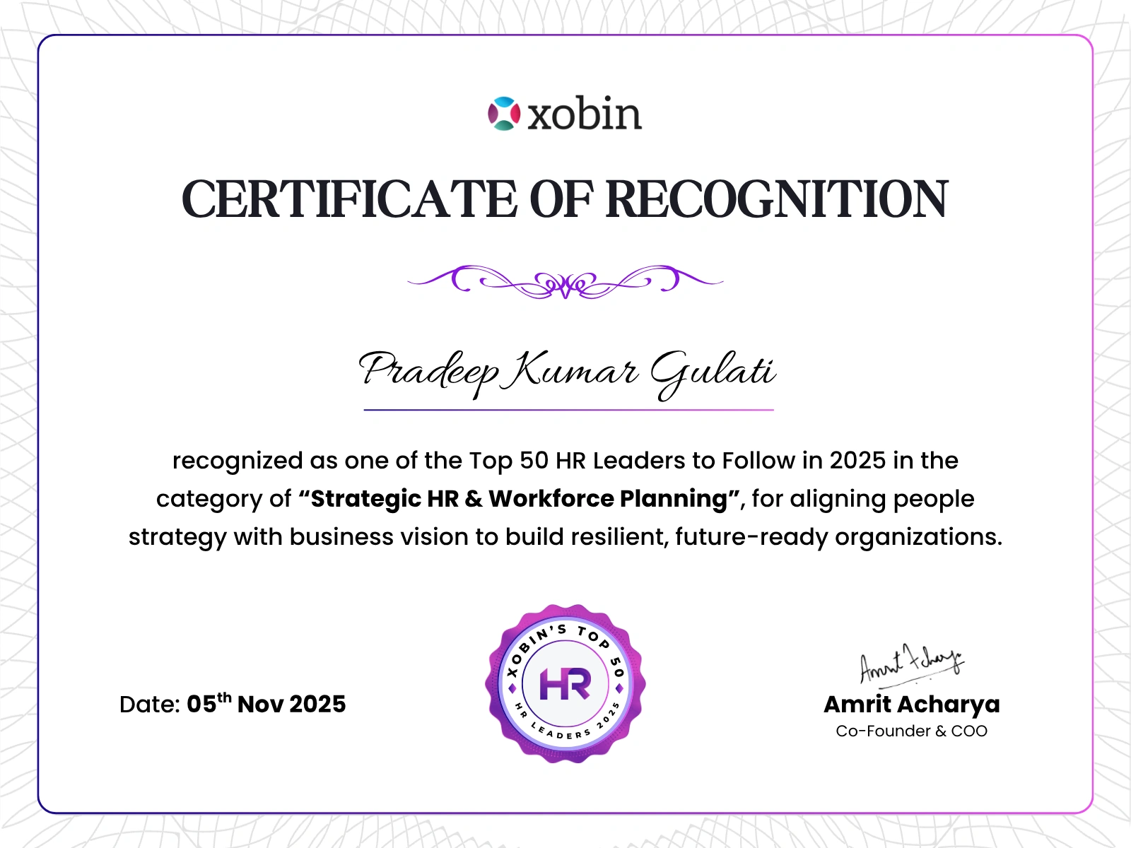 Certificate of recognition awarded to Pradeep Kumar Gulati, Xobin HR Awards 2025