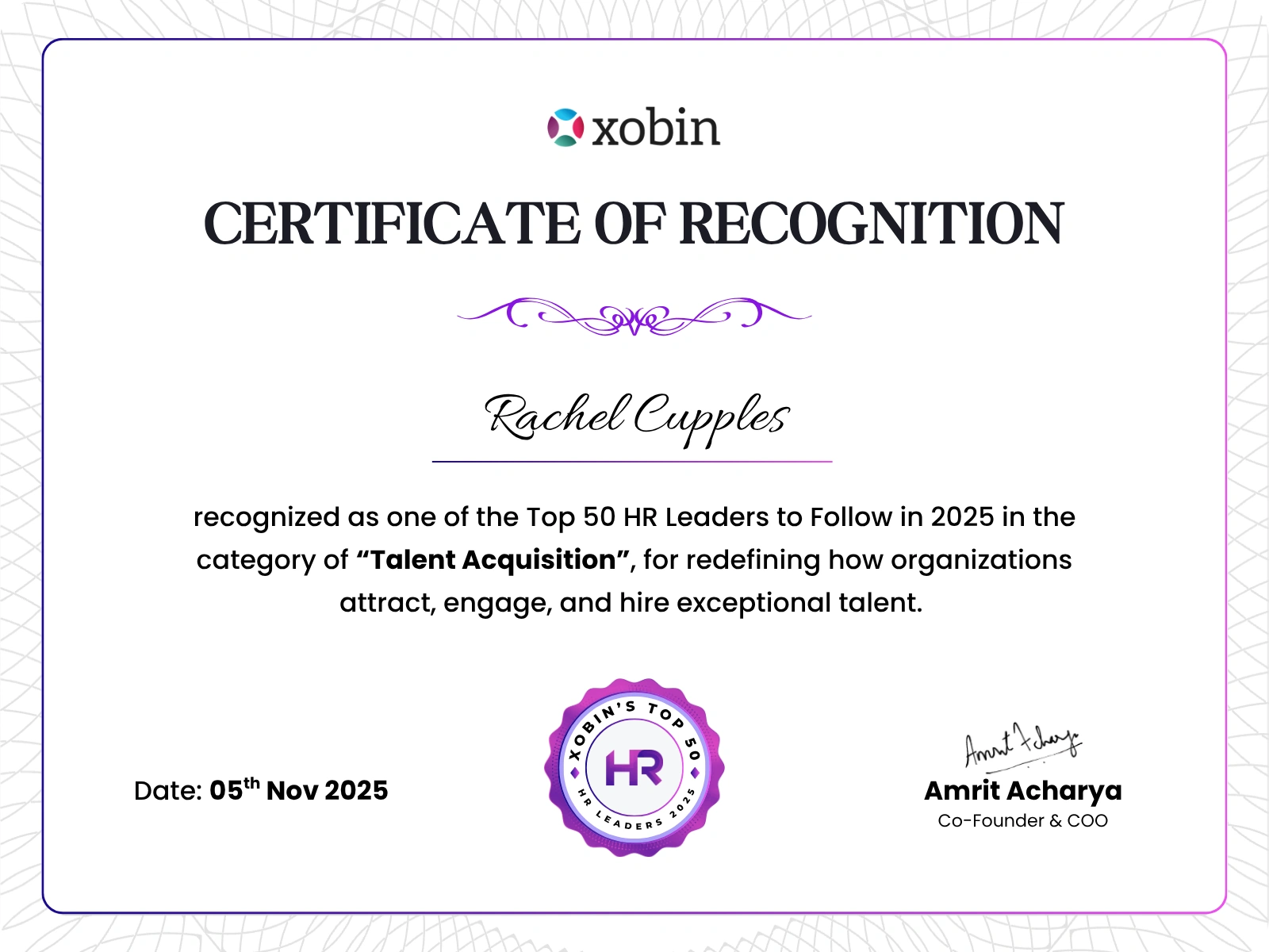 Certificate of recognition awarded to Rachel Cupples, Xobin HR Awards 2025