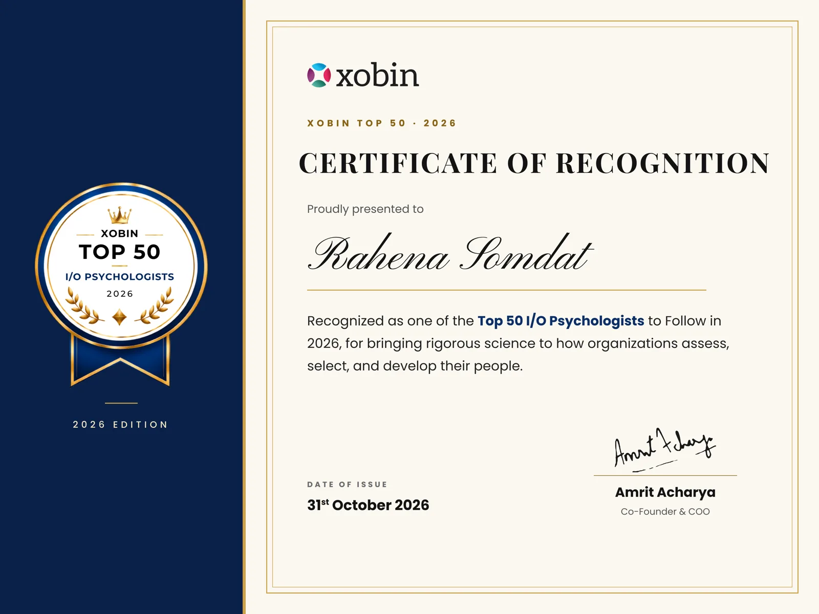 Certificate of recognition awarded to Rahena Somdat