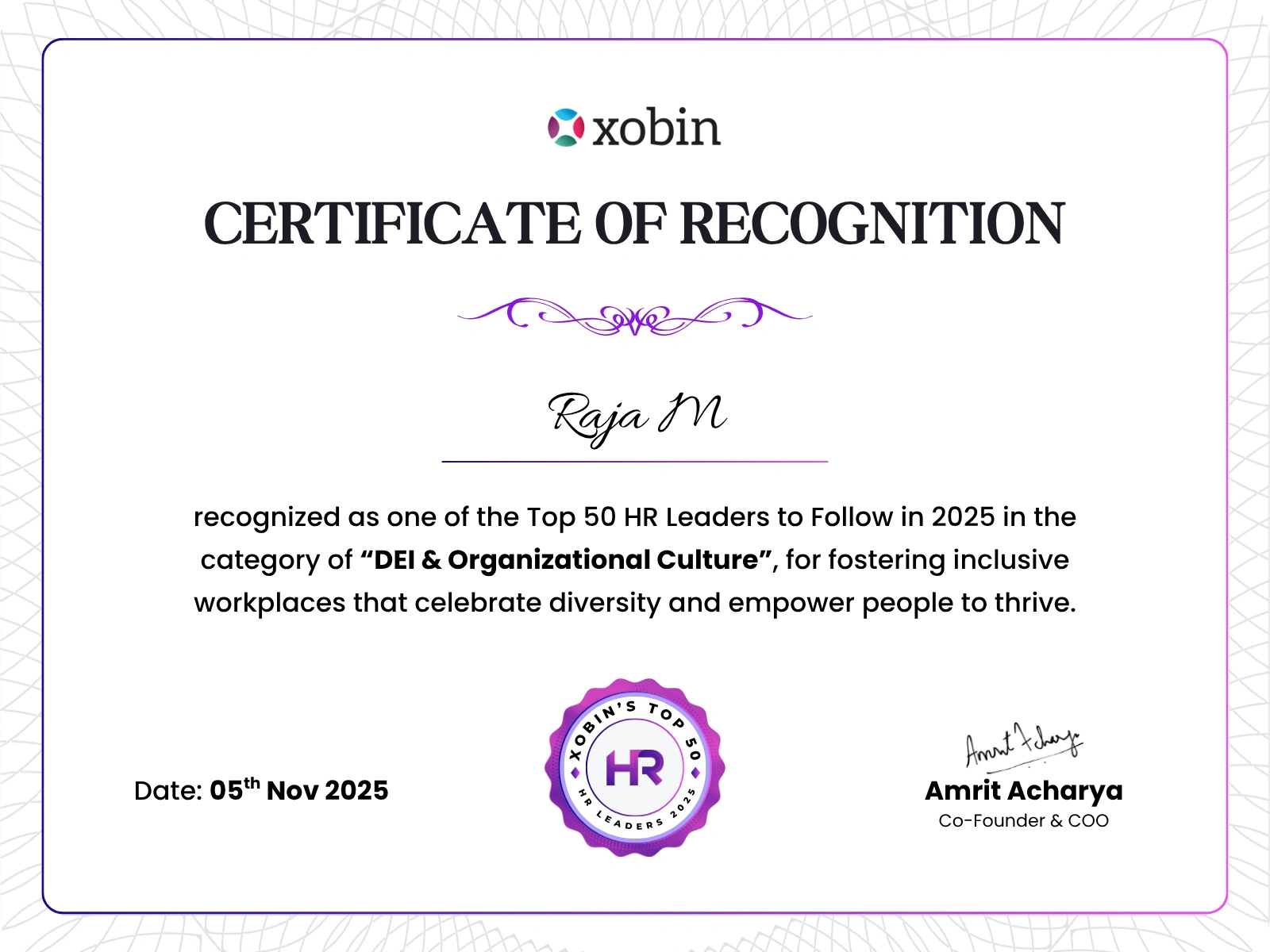 Certificate of recognition awarded to Raja M, Xobin HR Awards 2025