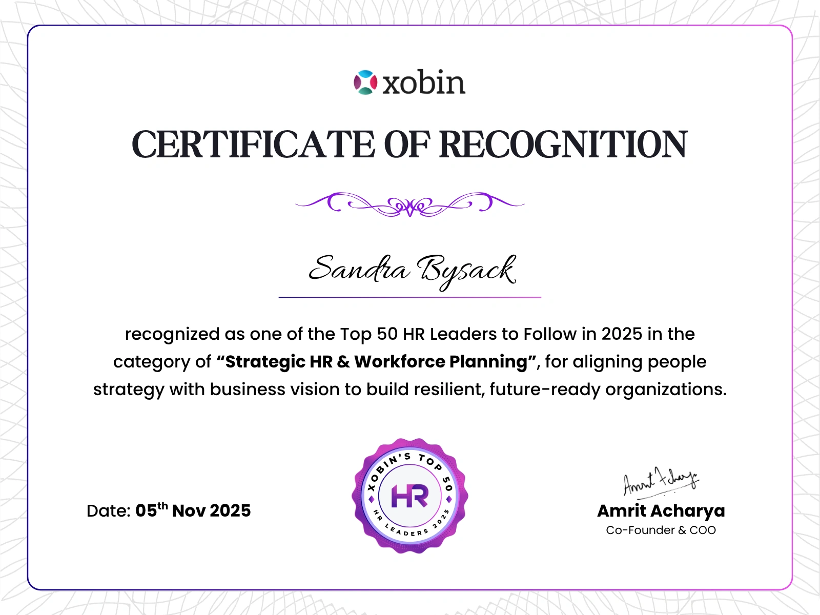 Certificate of recognition awarded to Sandra Bysack, Xobin HR Awards 2025