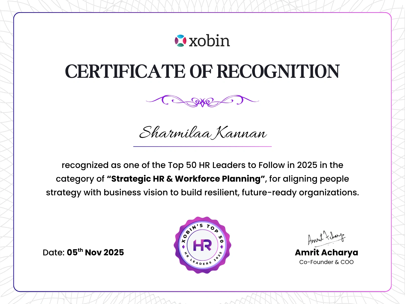 Certificate of recognition awarded to Sharmilaa Kannan, Xobin HR Awards 2025