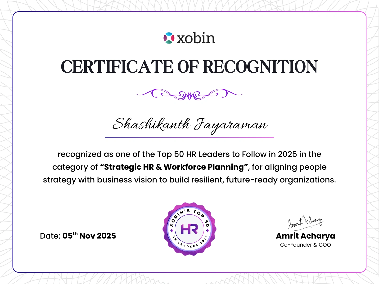 Certificate of recognition awarded to Shashikanth Jayaraman, Xobin HR Awards 2025