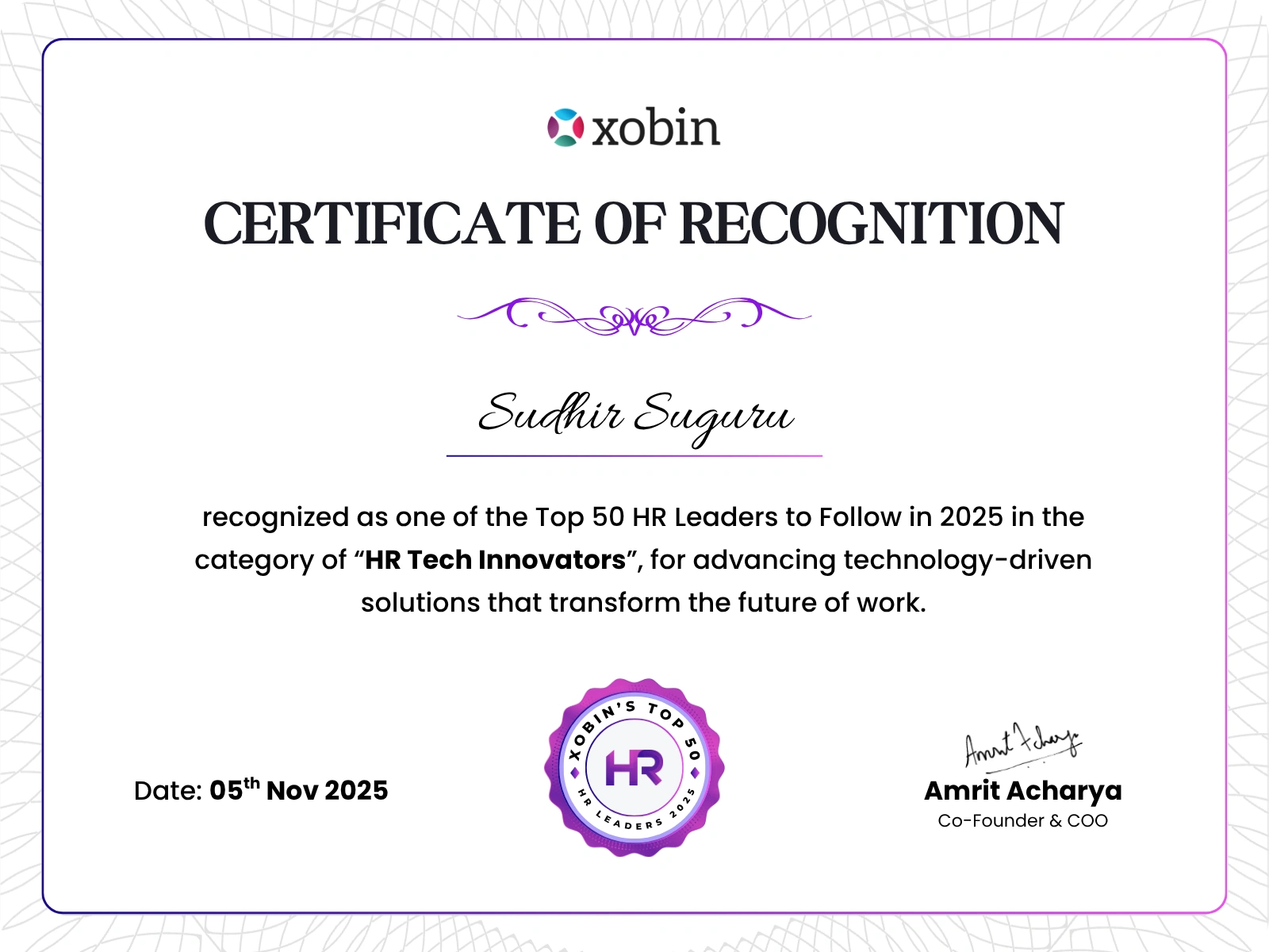 Certificate of recognition awarded to Sudhir Suguru, Xobin HR Awards 2025