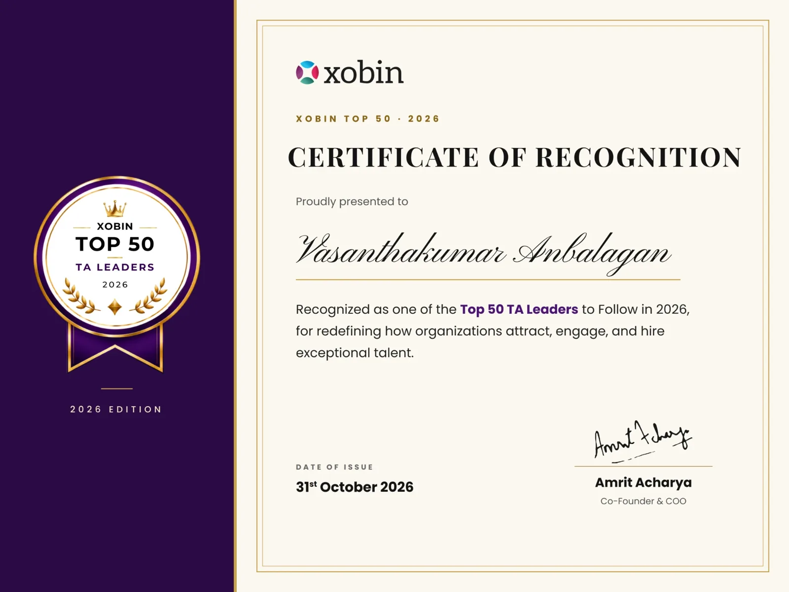 Certificate of recognition awarded to Vasanthakumar Anbalagan
