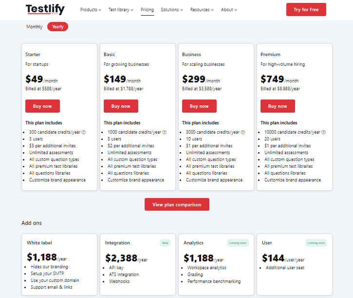 Testlify Pricing