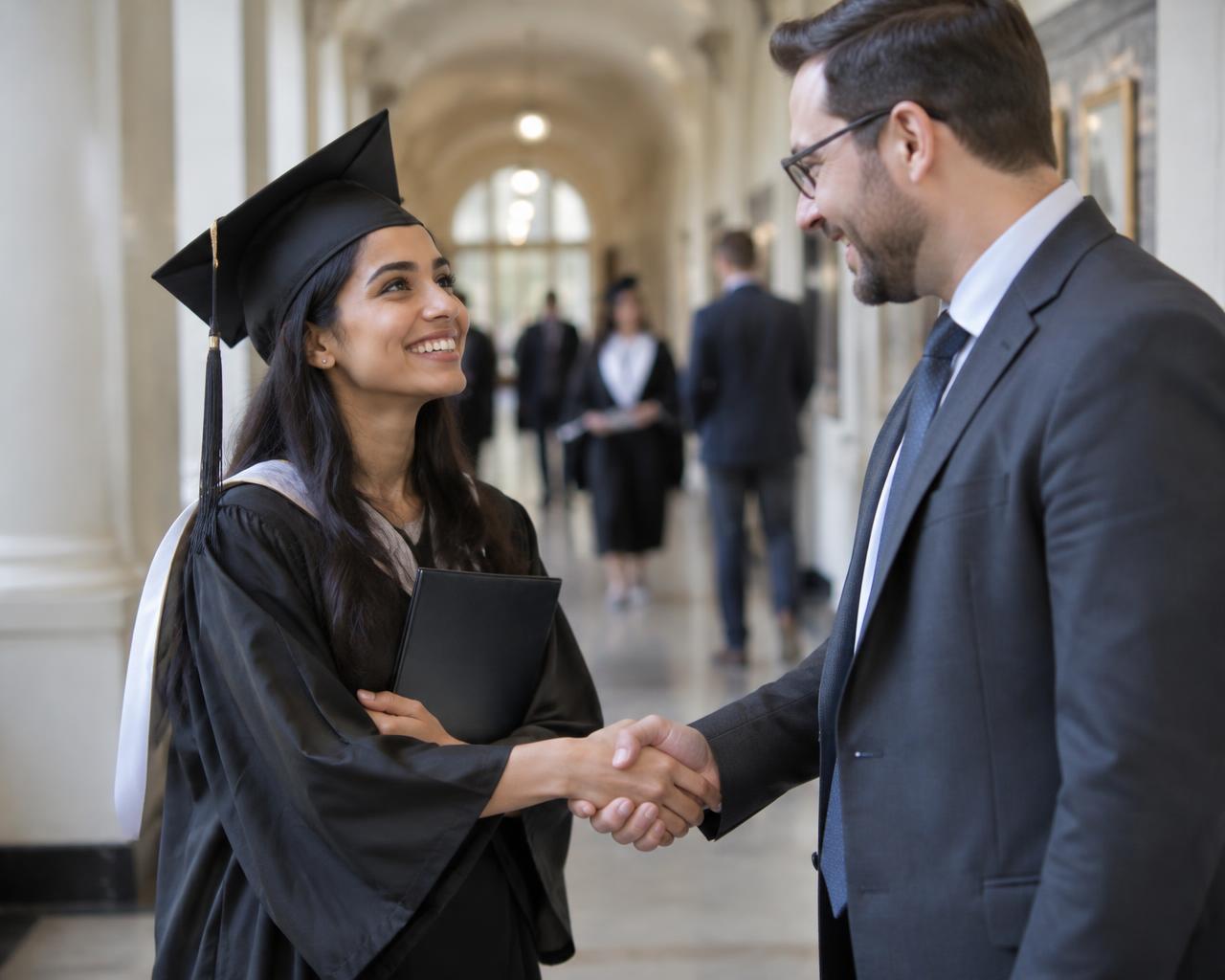 A graduate shaking hands with a recruiter after receiving an offer