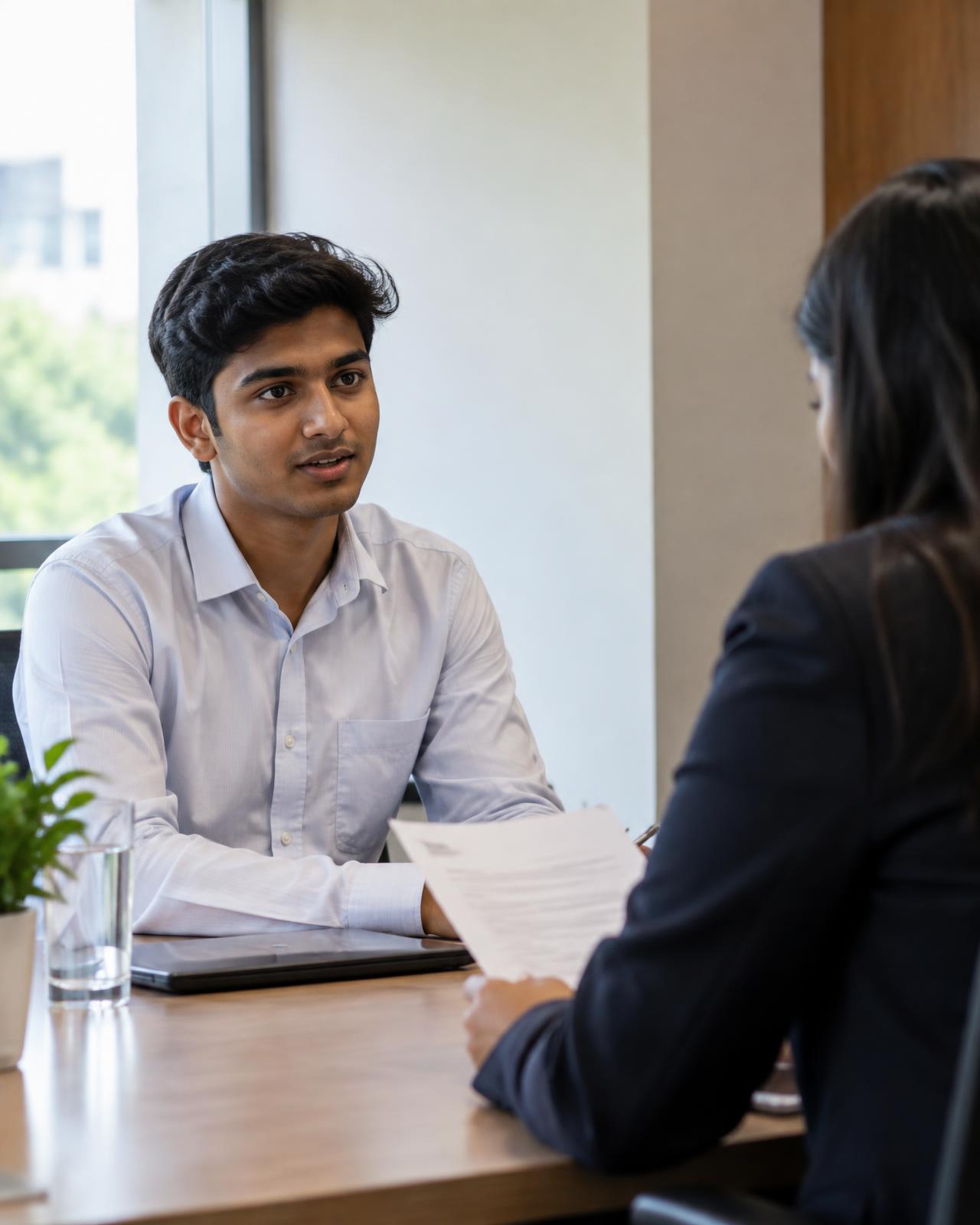 A student in conversation with a recruiter during a campus placement interview