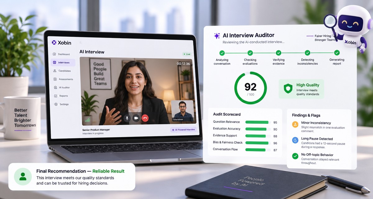 Illustration of Xobin AI Interview Auditor reviewing an AI-conducted video interview with a quality badge, scorecard and checklist